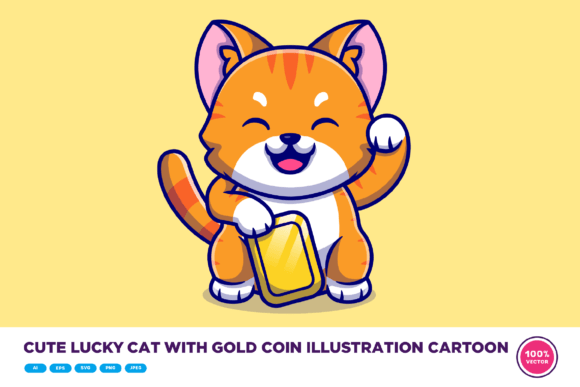 Cute Lucky Cat with Gold Coin Cartoon